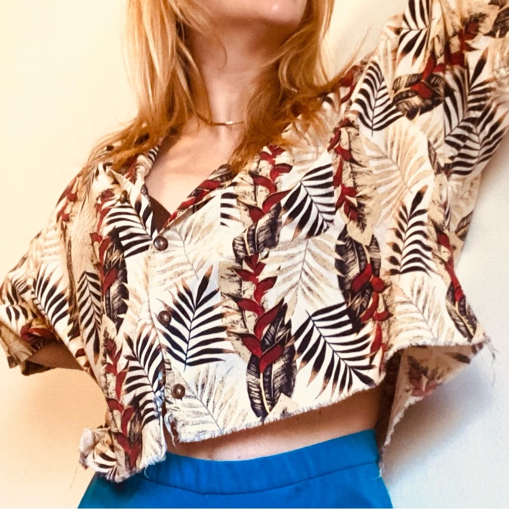 Upcycled Vintage Tropical Leaf Print Button Down Crop